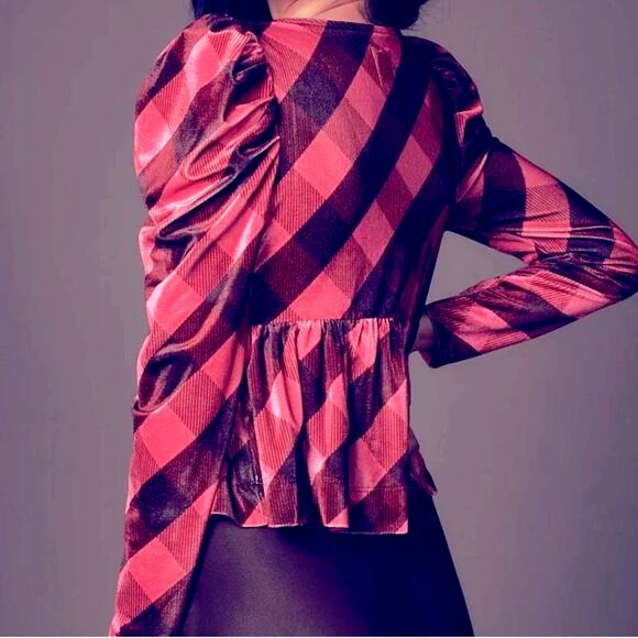 $78 NWT ANTHROPOLOGIE MAEVE velvet babydoll top pink plaid S - Picture 3 of 13
